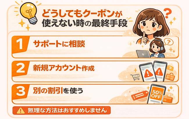 TEMUクーポンが使えない時の最終手段をまとめた図解