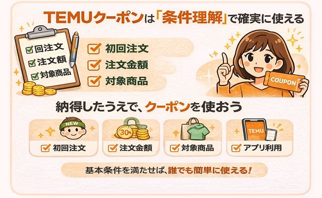 TEMUクーポンは条件理解で確実に使えることをまとめた図解