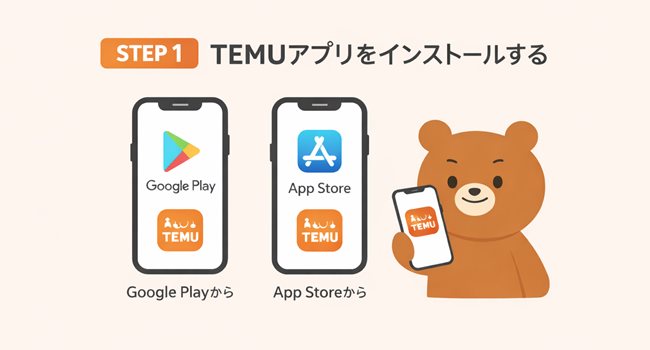 TEMUアプリのインストール方法を示したSTEP1のシンプルな補足画像