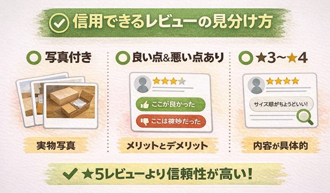 信用できるTEMUレビューの見分け方を分かりやすくまとめた補足画像