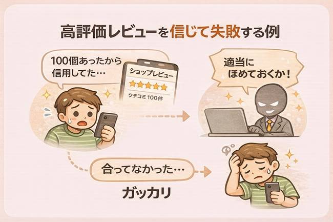 TEMUの高評価レビューを信じて失敗した例を示すシンプルなイラスト