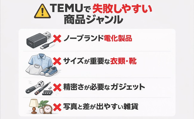 TEMUで失敗しやすい商品ジャンル(ノーブランド電化製品、衣類・靴、精密ガジェット、写真と差が出やすい雑貨)をまとめた補足画像