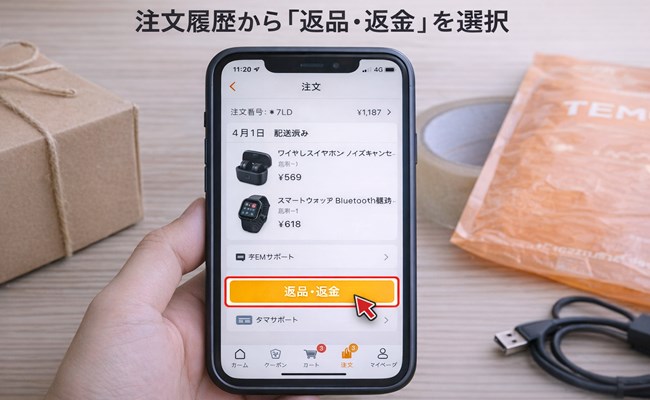 TEMUの注文履歴画面で返品・返金ボタンを選択している様子