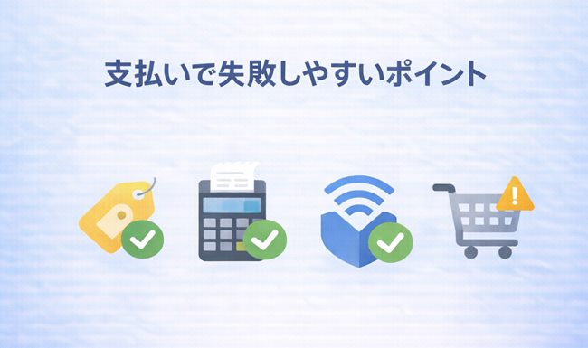 TEMUの支払いで失敗しやすいポイントをシンプルなアイコンで示した補足画像
