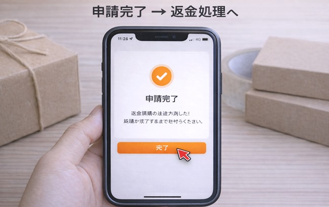 TEMUの返品・返金申請が完了したことを示す画面