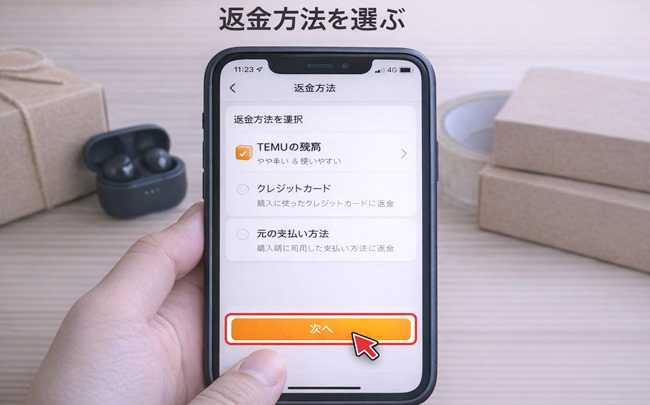 TEMUアプリで返金方法を選択している画面