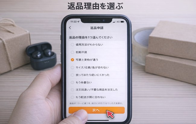 TEMUアプリで返品理由を選択している画面