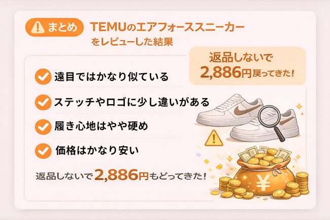 TEMUエアフォーススニーカーレビューまとめ｜返品なしで2886円返金された体験