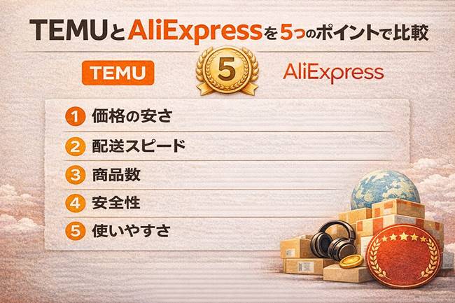TEMUとAliExpressを価格・配送・商品数・安全性・使いやすさの5つのポイントで比較したイメージ
