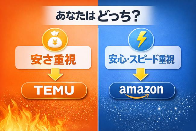 安さ重視はTEMU、安心とスピード重視はAmazonと分かるタイプ別比較画像