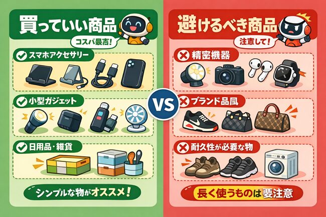 TEMUで買っていい商品と避けるべき商品を比較した図（長く使うものは要注意）