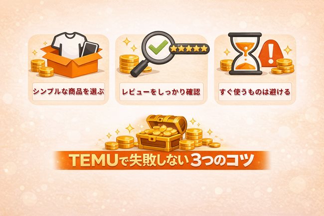 TEMUで失敗しないコツをシンプルにまとめた図（シンプル商品・レビュー確認・すぐ使うものは避ける）