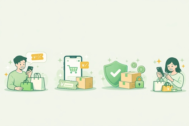 TEMUの始め方イメージ（クーポン・安心・お得に買い物できる様子を表した画像）