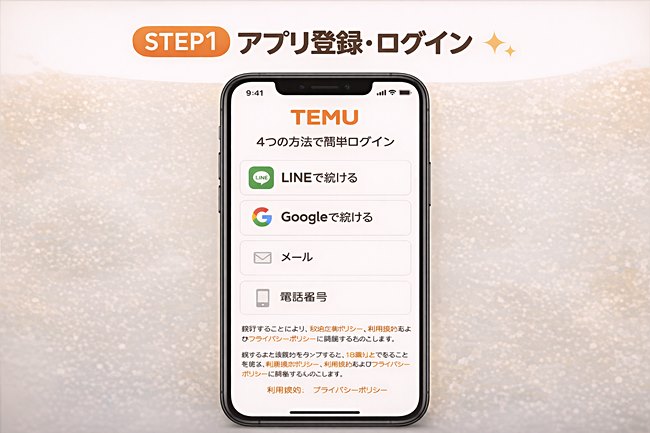 TEMUの登録方法（STEP1 アプリ登録・ログイン画面の手順）