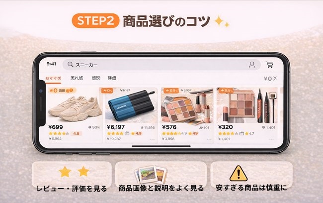 TEMUの商品一覧画面と商品選びのイメージ（レビュー・画像・価格の確認）