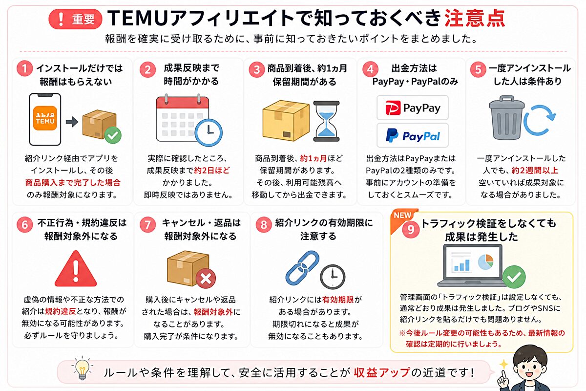 TEMUアフィリエイトで知っておくべき注意点とトラフィック検証不要のポイントをまとめた図
